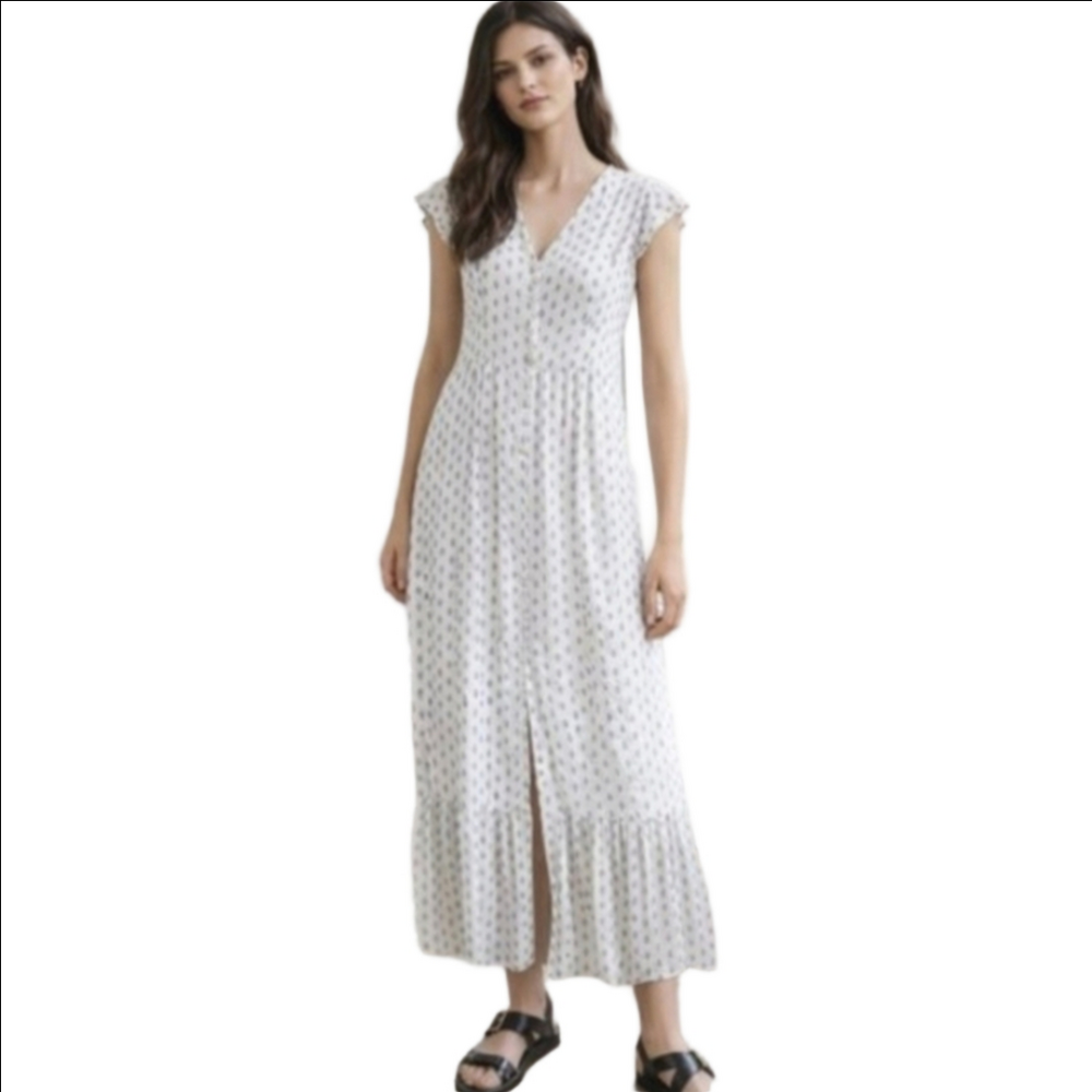 Cream & Blue Print Linen Blend Tiered Maxi Dress V-neck Empress Waist Cap Sleeve